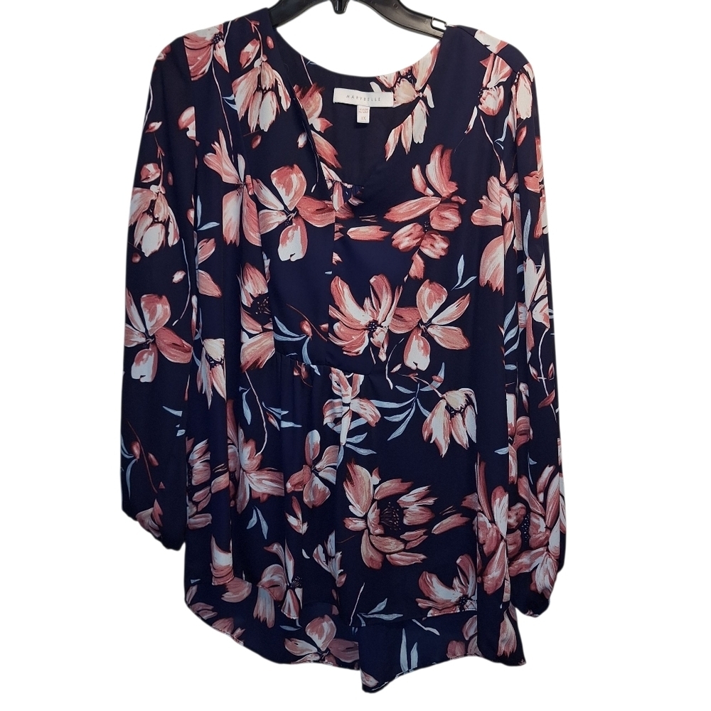 Marybelle Floral V Neck Blouse Pink and Navy 1X